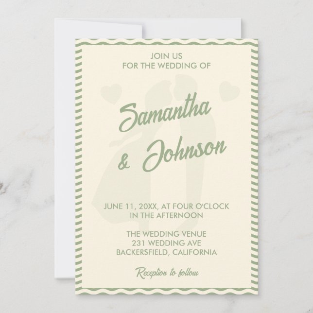 Invitation Sage Green Wavy Stripe QR Code Photo Wedding (Devant)