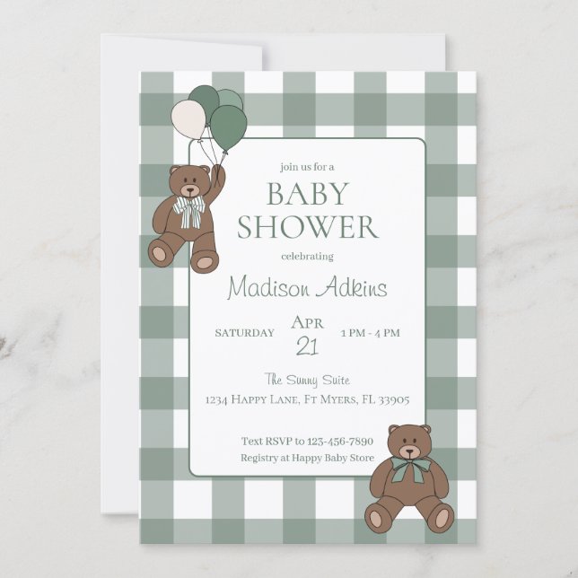 Invitation Sage Green White Bows and Teddy Bears Baby Shower (Devant)