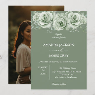 Invitation Sage Green White Floral Photo Back Wedding 