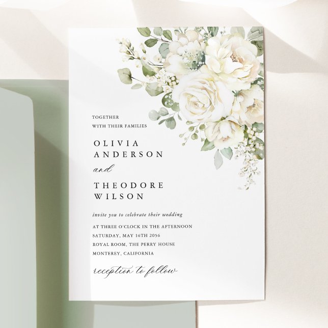Invitation Sage Green White Floral Watercolor Elegant Wedding (Sage green white floral watercolor wedding invitation card, bouquet design, wedding stationery)