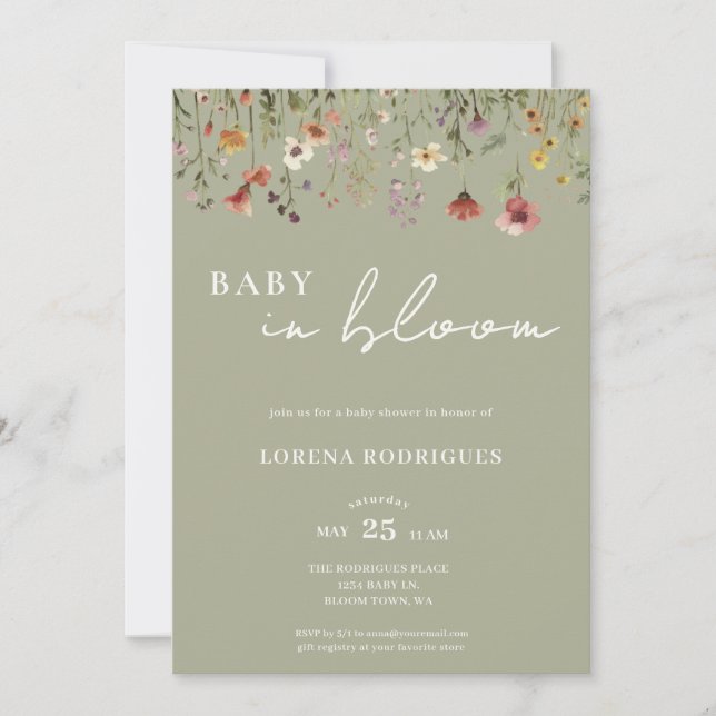 Invitation Sage Green Wildflower Baby in Bloom Baby Shower (Devant)