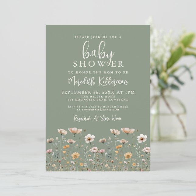 Invitation Sage Green Wildflower Baby Shower (Debout devant)
