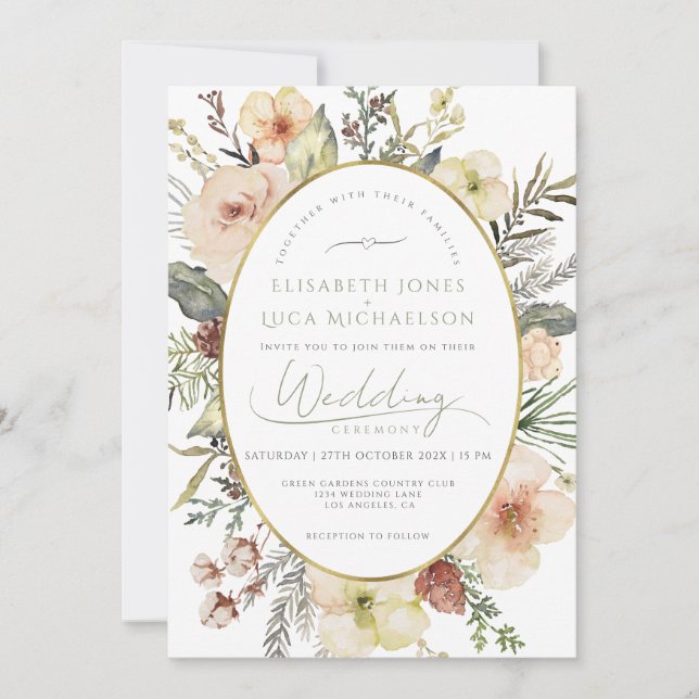 Invitation Sage Green Winter Gold Botanogramme Mariage (Devant)