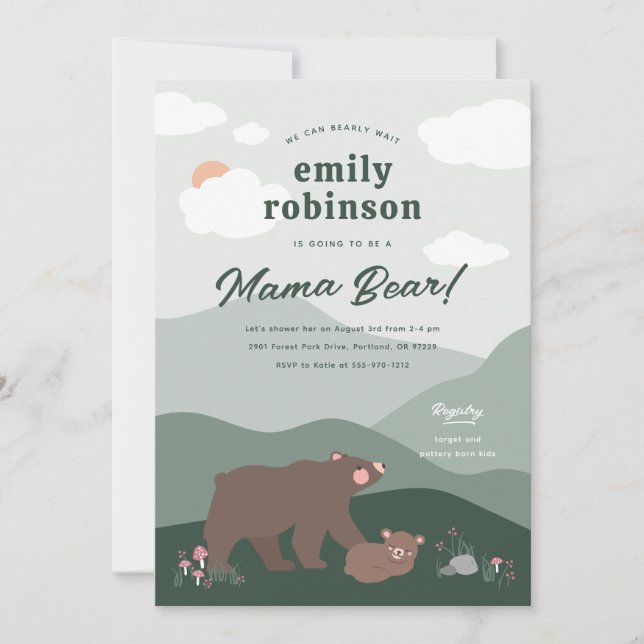 Invitation Sage Green Woodland Mountian Mama Baby shower Ours (Devant)