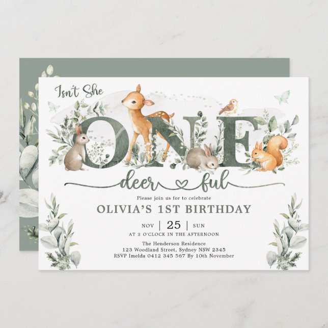 Invitation Sage Green Woodland One-deerful 1st Birthday Girl (Devant / Derrière)