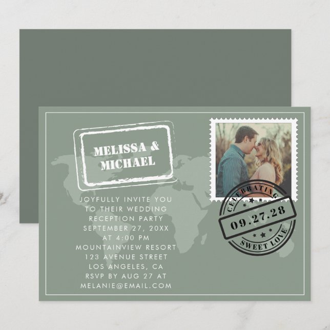 Invitation Sage Green World Map Destination Mariage Réception (Devant / Derrière)