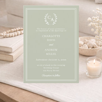 Invitation Sage green wreath monogram simple wedding 