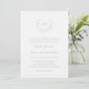 Invitation Sage Green Wreath Monogramme Mariage élégant