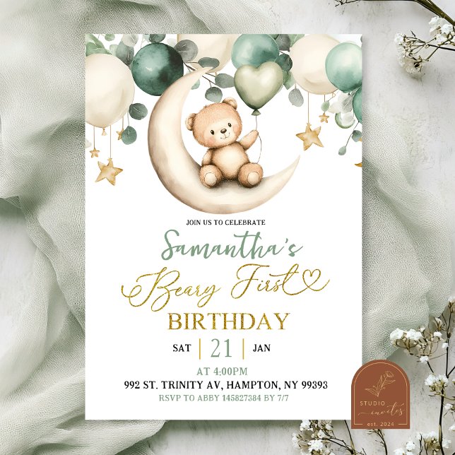 Invitation Sage Greenery Beary Premier Anniversaire (Créateur téléchargé)