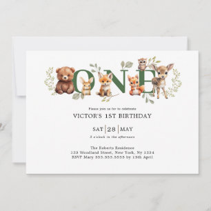 Invitation Sage Greenery Bois Animaux 1er Anniversaire