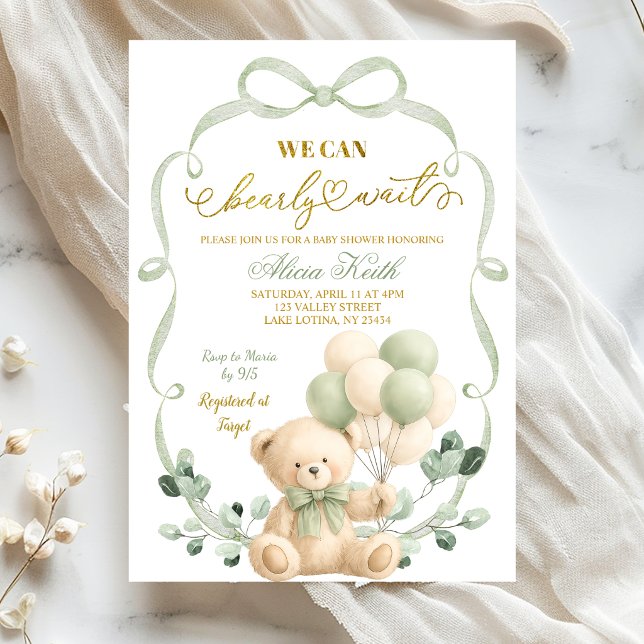 Invitation Sage Greenery Bow Coquette Bear Baby Shower (Créateur téléchargé)