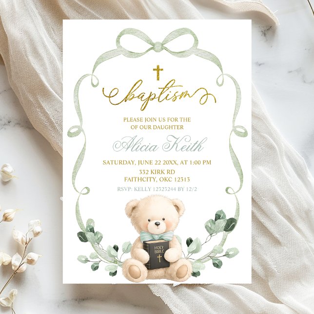 Invitation Sage Greenery Bow Coquette Bear Baptism (Créateur téléchargé)