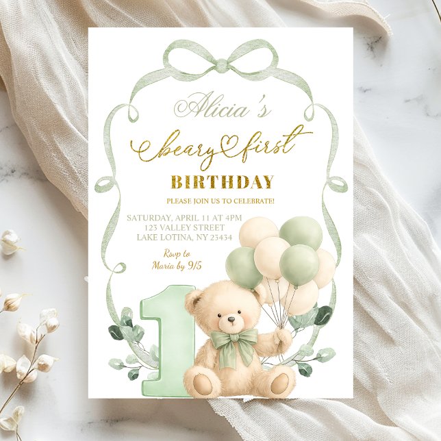 Invitation Sage Greenery Bow Coquette Beary Premier Anniversa (Créateur téléchargé)