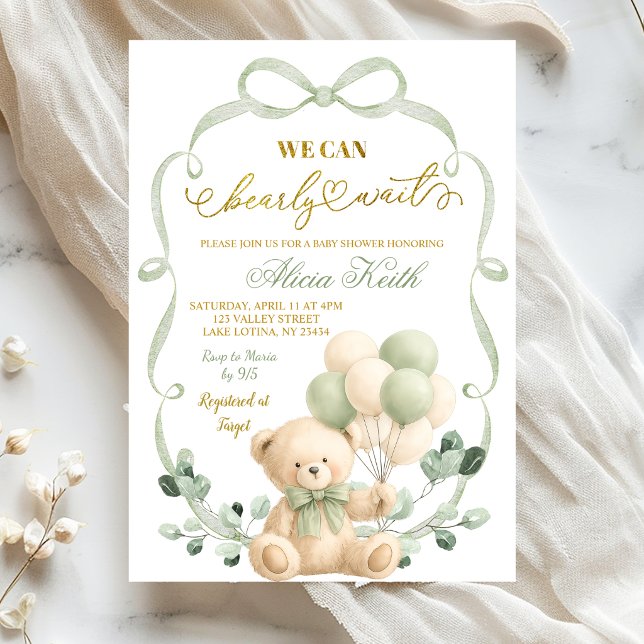 Invitation Sage Greenery Bow Coquette Ours Baby Shower (Créateur téléchargé)