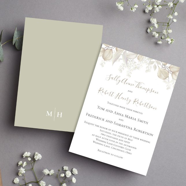 Invitation Sage Greenery Élégant Feuille de mariage (Simple and elegant sage green and cream foliage wedding invitation.)