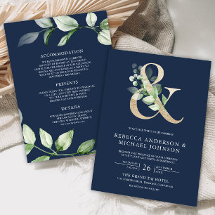 Invitation Sage Greenery Gold Ampersand Navy Blue Mariage