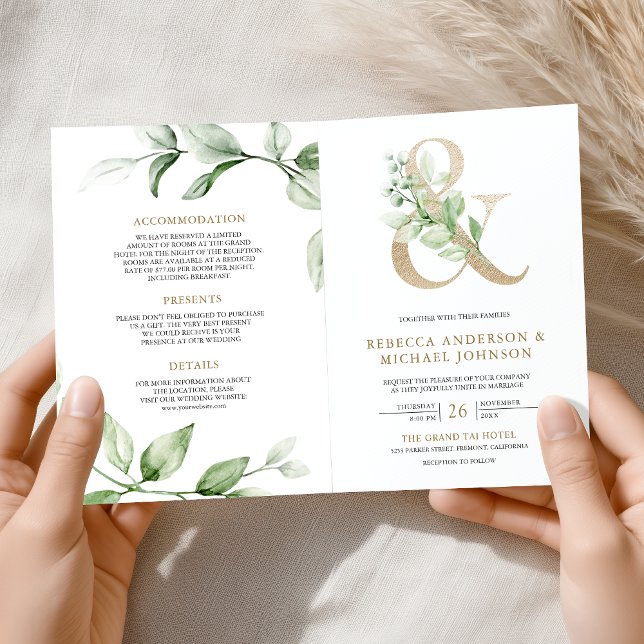 Invitation Sage Greenery Gold Ampersand QR Code Wedding (Créateur téléchargé)
