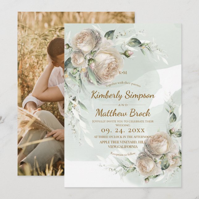 Invitation Sage Greenery Rose Wedding (Devant / Derrière)