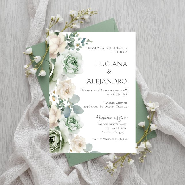 Invitation Sage Greenery Spanish Wedding (Créateur téléchargé)