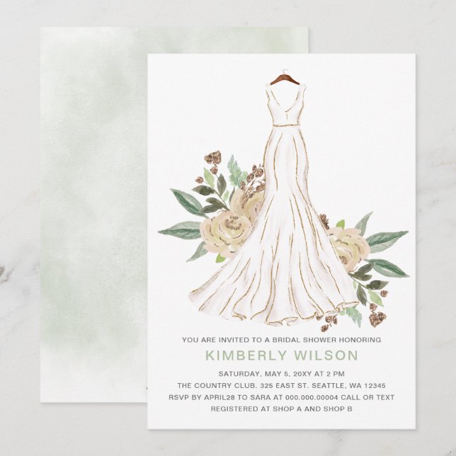 Invitation Sage Ivory Floral Mariage Fête des mariées robe (Devant / Derrière)