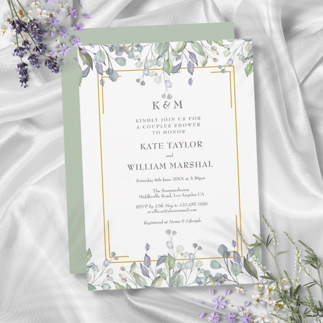 Invitation Sage Lilac Floral Monogramme Mariage Couples Douch (Sage Lilac Floral Monogram Wedding Couples Shower Invitation)