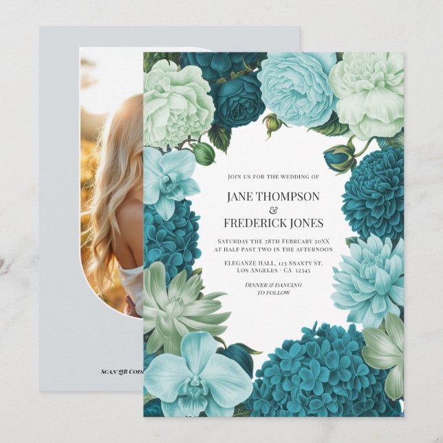 Invitation Sage Mint, Ocean Teal & Ice Bluebell Wedding (Devant / Derrière)