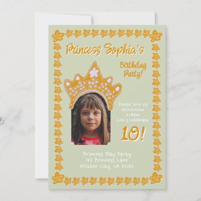 Invitation Sage Mist Princess Crown Floral Photo Birthday (Devant)
