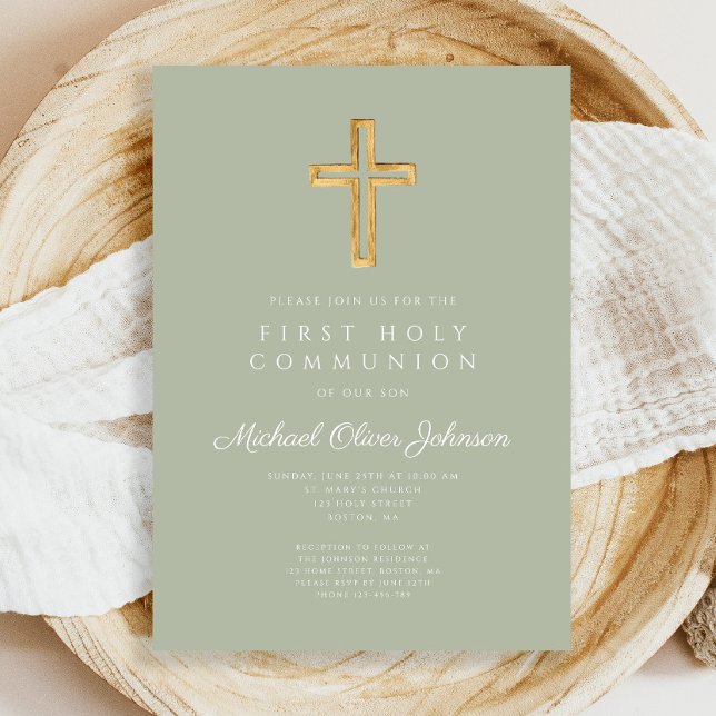 Invitation Sage moderne Croix verte Première communion religi (Modern Sage Green Cross Religious First Communion Invitation)