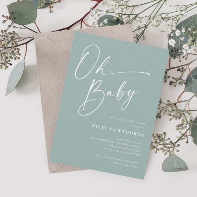 Invitation Sage Moderne Écriture Oh Baby Shower (Créateur téléchargé)