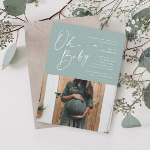 Invitation Sage Moderne Écriture Photo Baby Shower