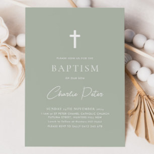 Invitation Sage moderne Garçons verts Croix Christening Baptê