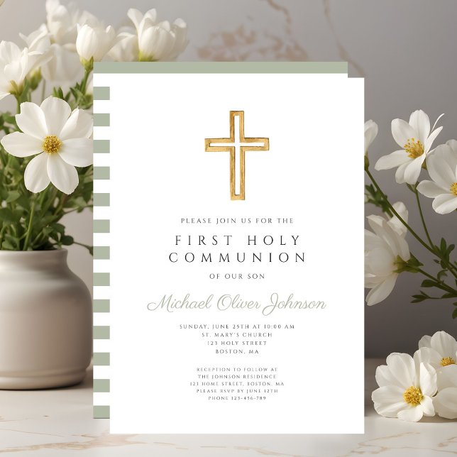 Invitation Sage moderne Grandes vertes traversent la première (Modern Sage Green Stripes Cross First Communion Invitation)