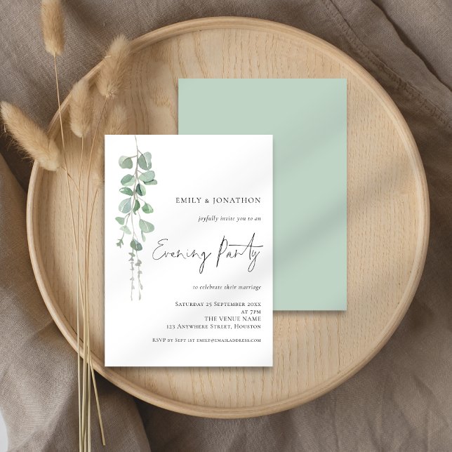 Invitation Sage Moderne. Soirée Mariage Eucalyptus (Front and back view)