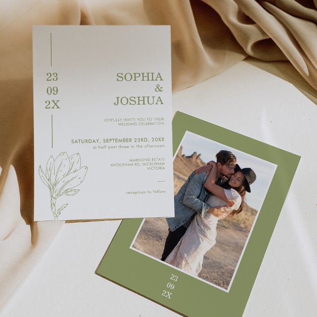 Invitation Sage moderne Vert Date Line Photo Mariage Floral (Modern Green Wedding Invitation Line Floral, Photo Wedding Sage Green Invitation, Floral Line Art )