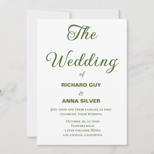 Invitation Sage moderne Vert et blanc Mariage simple (Devant)