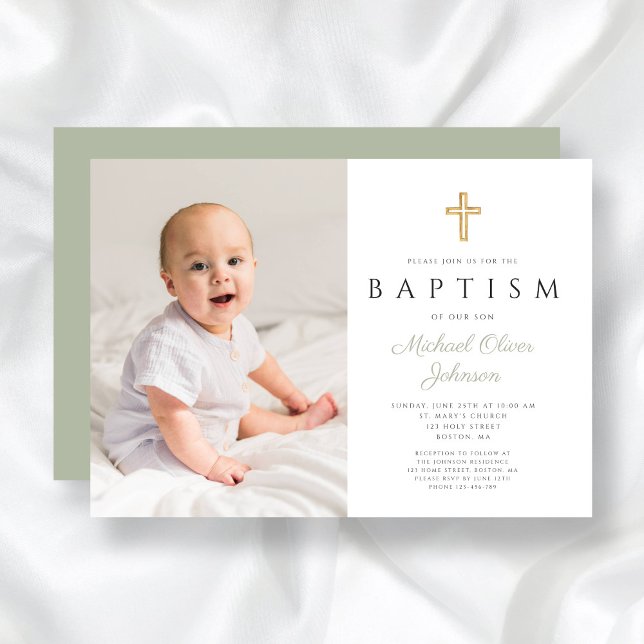 Invitation Sage moderne Vert Religieux Garçon Photo Baptême (Modern Sage Green Religious Boy Photo Baptism Invitation)