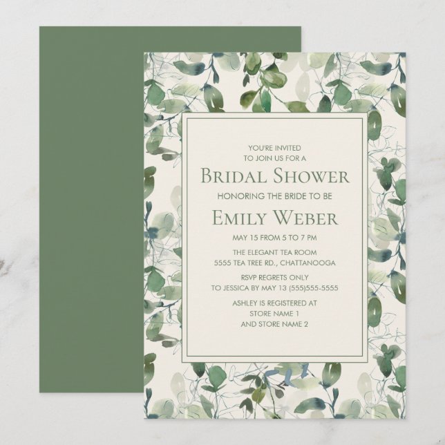 Invitation Sage Moss Green Eucalyptus Leaves Fête de Mariage (Devant / Derrière)