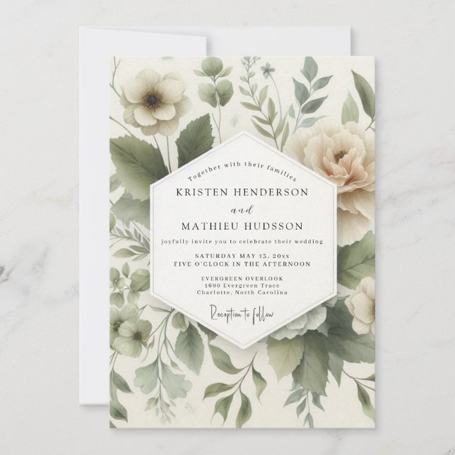 Invitation Sage Muted Flora Wedding (Devant)