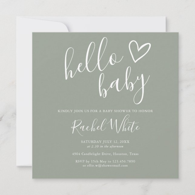 Invitation Sage Neutre Vert Tout en un Hello Baby shower (Devant)