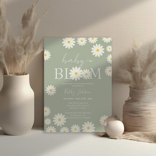 Invitation Sage Olive Floral Daisy Baby in Bloom Douche (Créateur téléchargé)