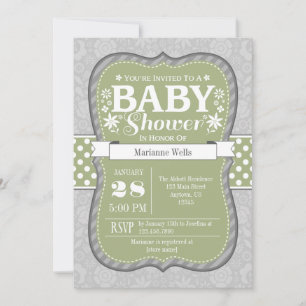 Invitation Sage Olive Green Grey Floral Baby shower Invitatio