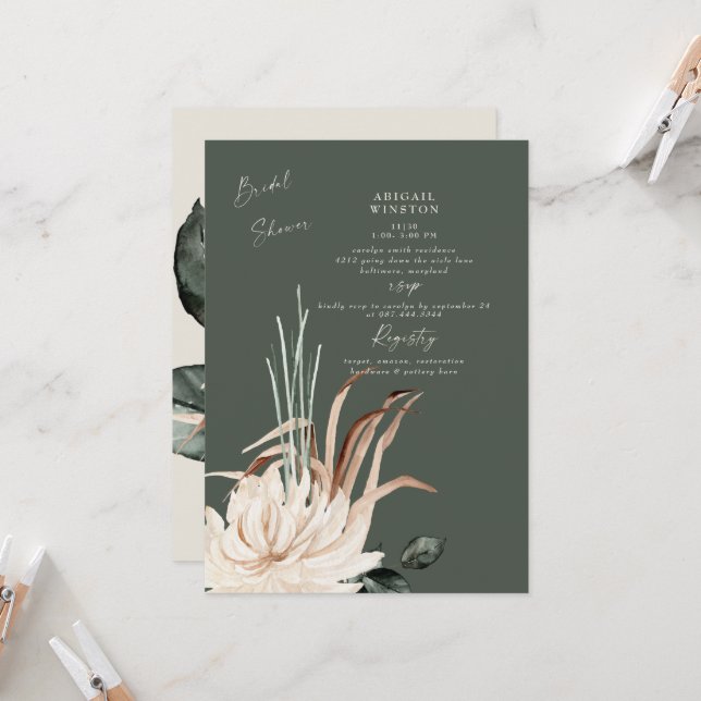 Invitation Sage Pampas Grass Boho nuptiale de douche Invitati (Devant/Arrière en situation)
