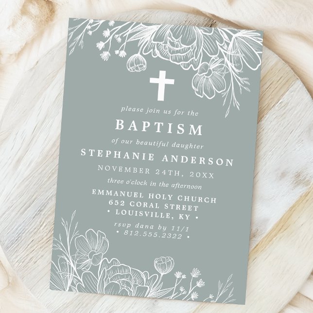 Invitation Sage Poussiéreux et Floral Blanc Baptême (Créateur téléchargé)
