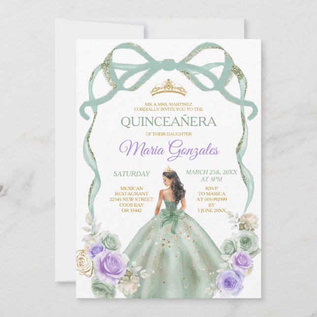 Invitation Sage Purple Bow Princess Gold Crown Quinceañera (Devant)