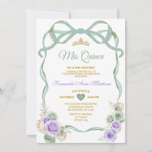 Invitation Sage Purple Floral Bow Ribbon Gold Girl Mis Quince