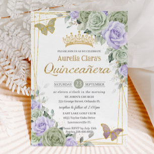 Invitation Sage Purple Papillons Floraux Quinceanera Or