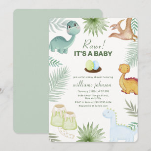 Invitation Sage Rawr Volcan Tropical Fête de Naissance de Din
