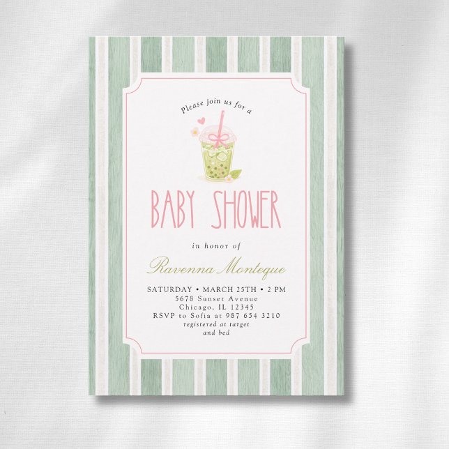 Invitation Sage rayée Matcha Bubble Tea Fille Baby Shower (Créateur téléchargé)