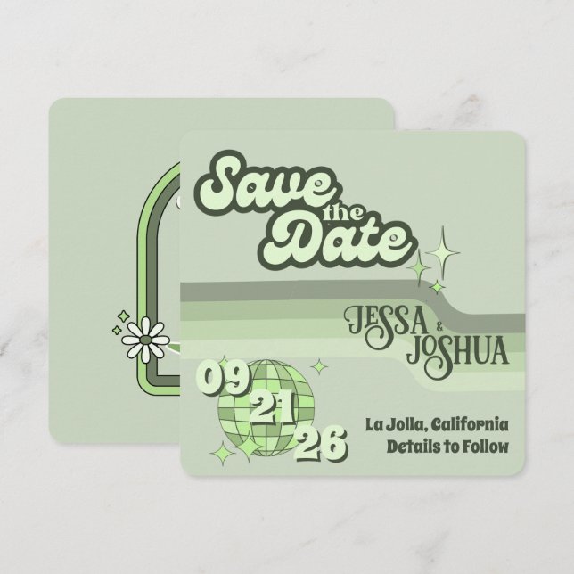 Invitation Sage Retro Funky Disco Mariage - Enregistrer la da (Devant / Derrière)