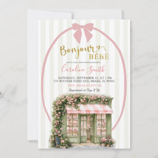 Invitation Sage Rose Rayure Café Parisien Baby Shower